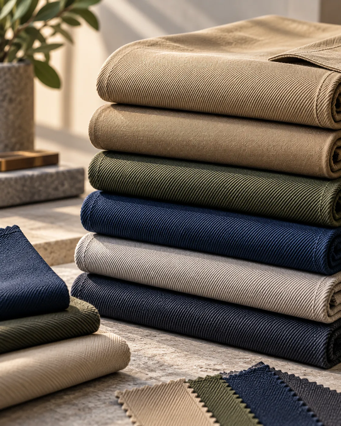 Stack of folded twill fabrics in khaki, olive, navy and stone