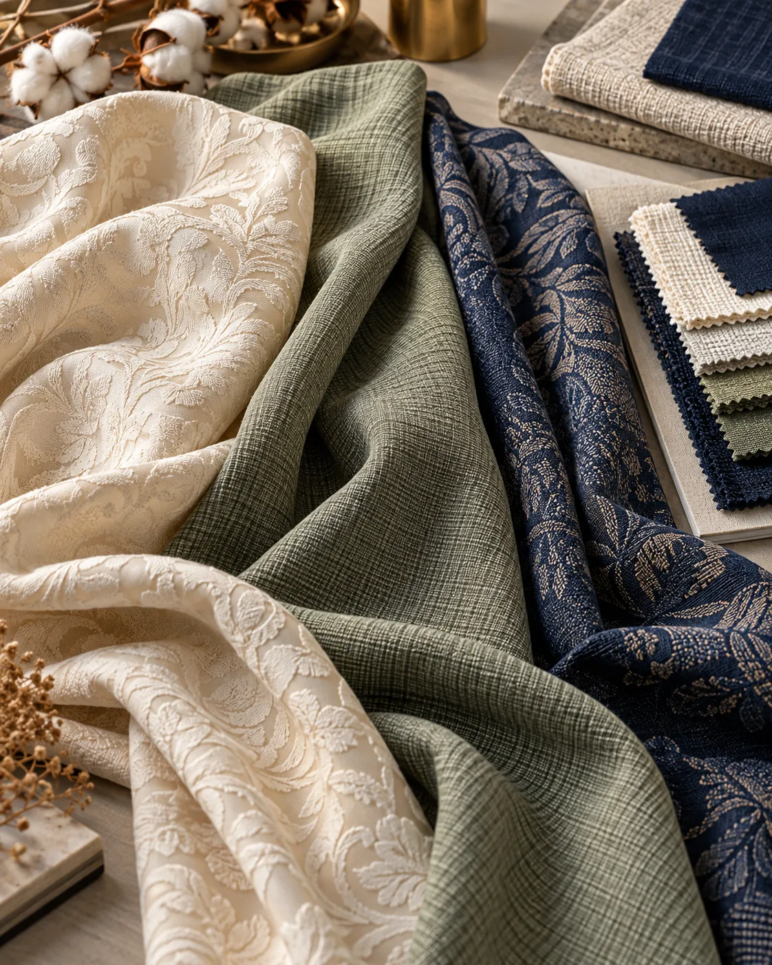 Draped jacquard and textured fashion fabrics in ivory, sage and navy