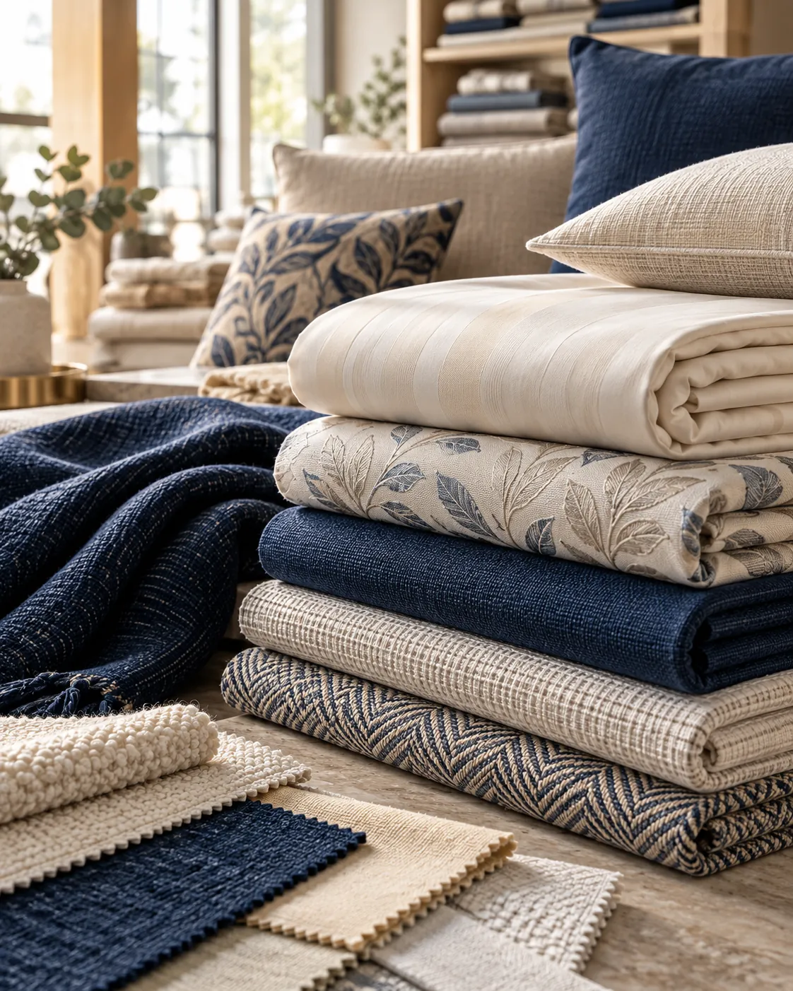 Folded bedding, upholstery and cushion fabrics in ivory and navy
