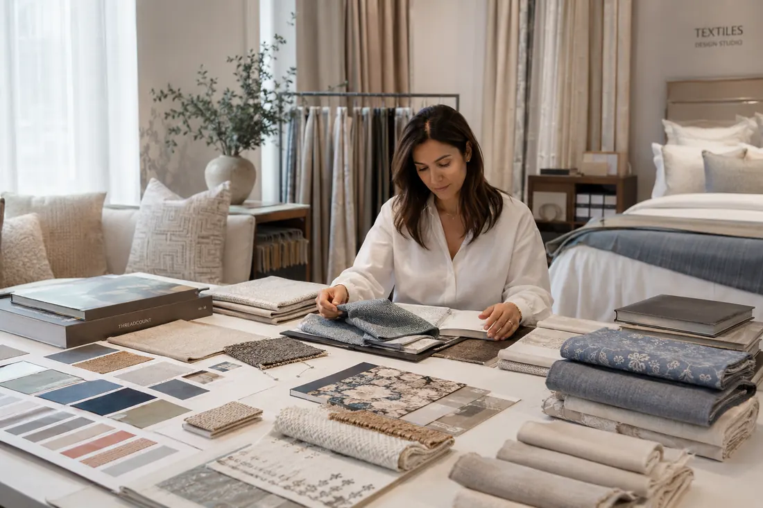 Textile designer reviewing fabric swatches