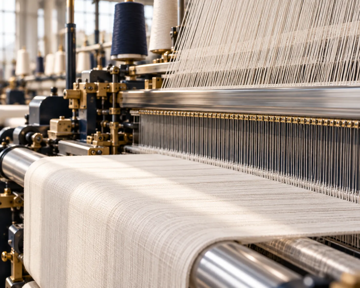 Close-up of fine warp threads on an industrial loom