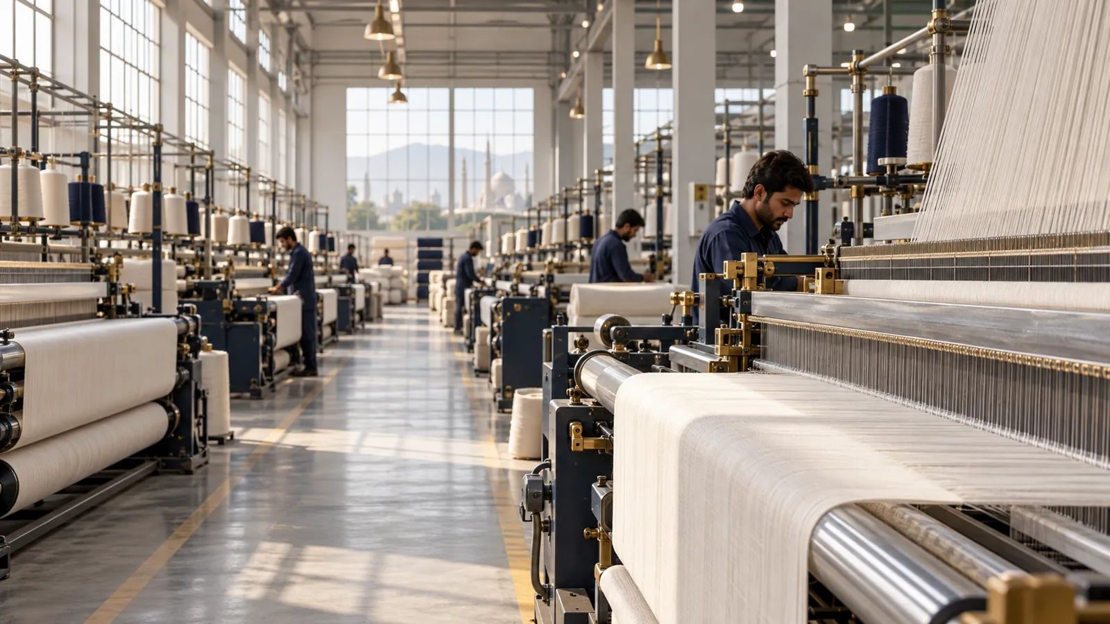 Rows of weaving looms and operators in a Pakistani textile mill