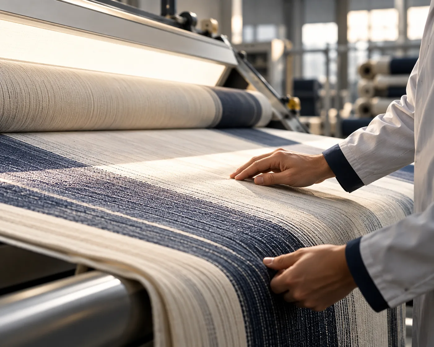 Technician checking striped fabric as it comes off the loom