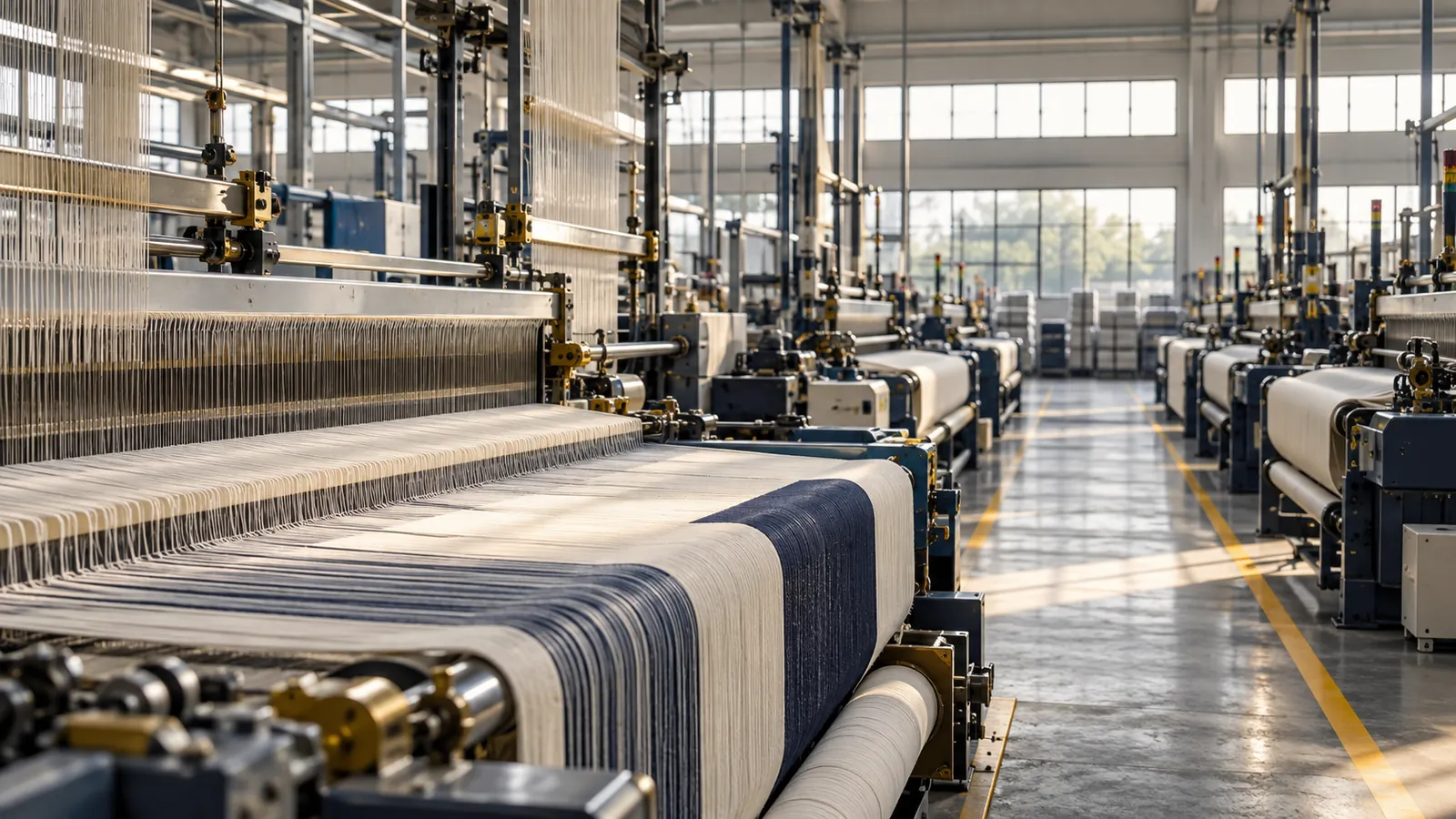 Modern weaving mill with navy and ivory fabric on the looms