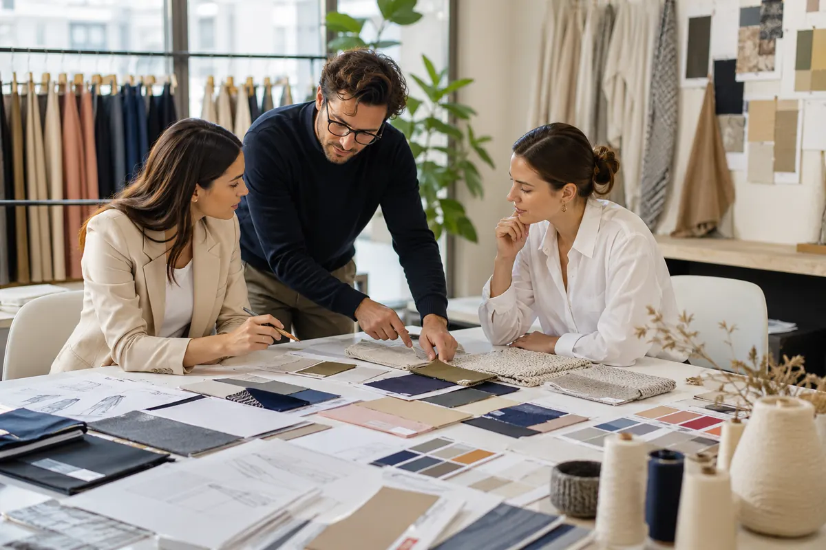Designers and clients reviewing fabric swatches and sketches