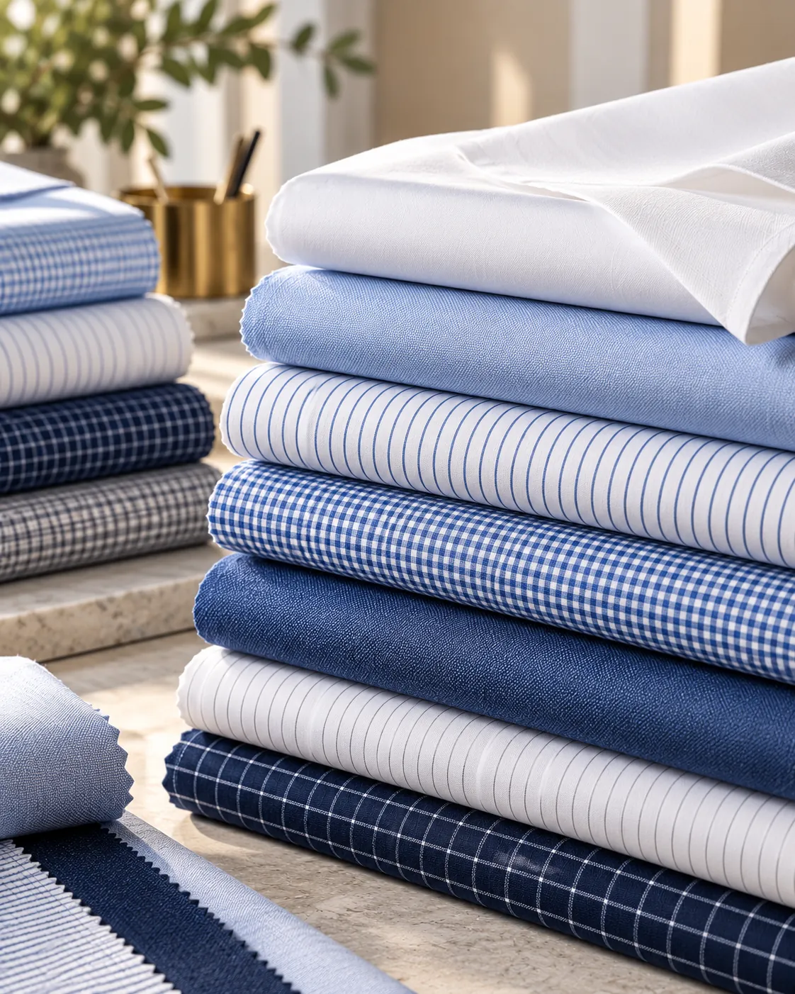Folded shirting fabrics in white, blue, stripes and checks